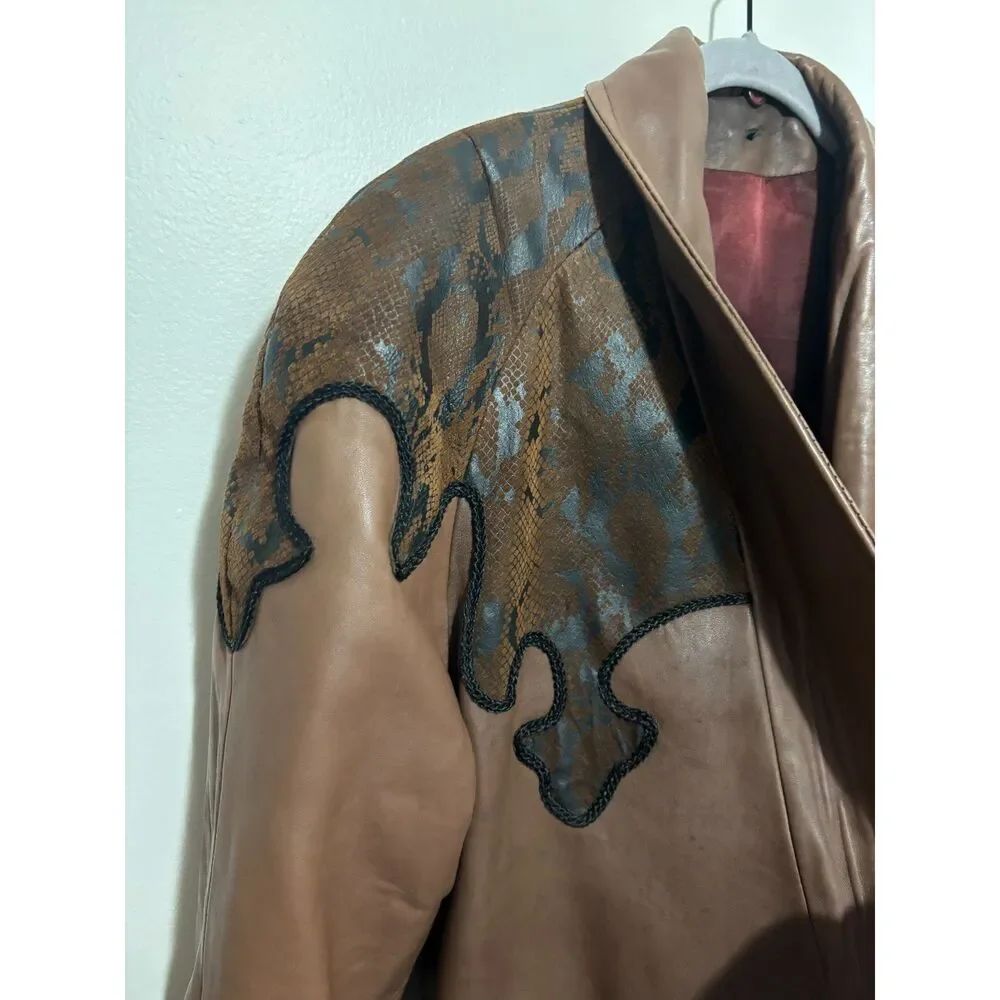 Vintage Western Faux Leather Coat Brown Yoke Blazer 80s Oversized Large Cowgirl - Picture 6 of 10